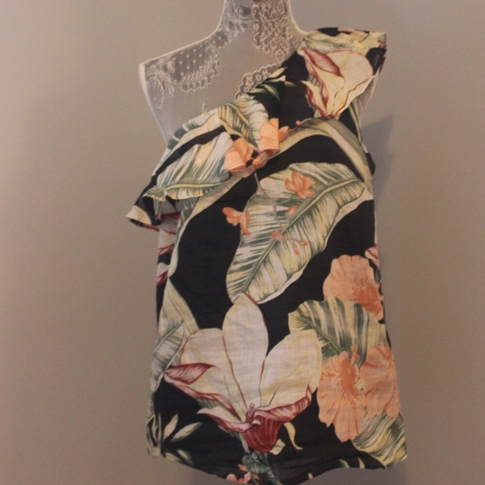 Ann Taylor Womens Floral Ruffle One Shoulder Ramie Blend Shirt Top Blouse